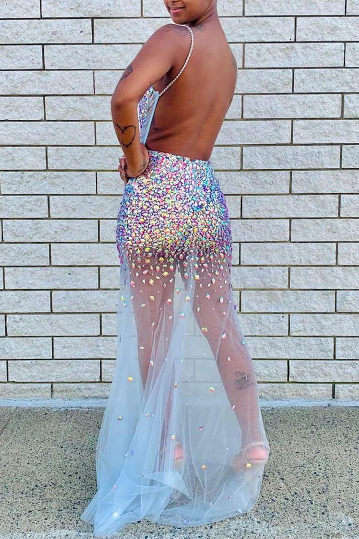 Vestido de fiesta sexy con cuentas transparentes